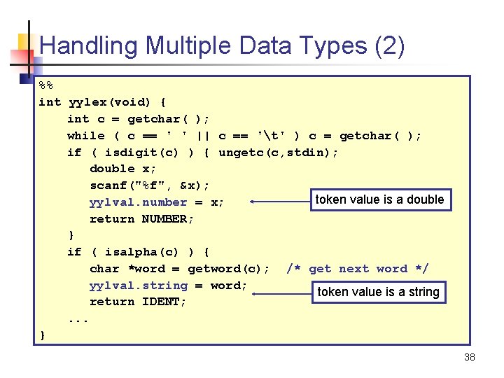 Handling Multiple Data Types (2) %% int yylex(void) { int c = getchar( );