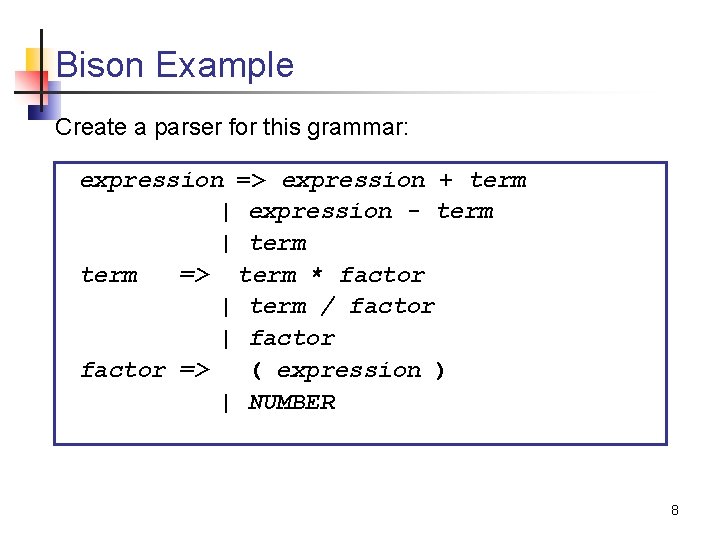 Bison Example Create a parser for this grammar: expression => expression + term |