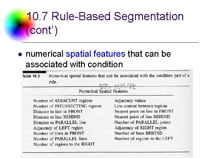 10. 7 Rule-Based Segmentation (cont’) l numerical spatial features that can be associated with