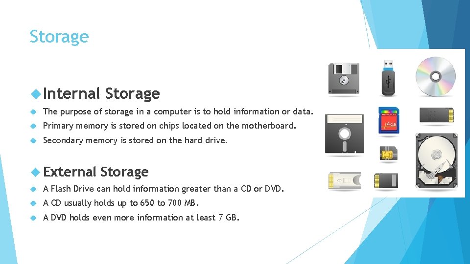 Storage Internal Storage The purpose of storage in a computer is to hold information