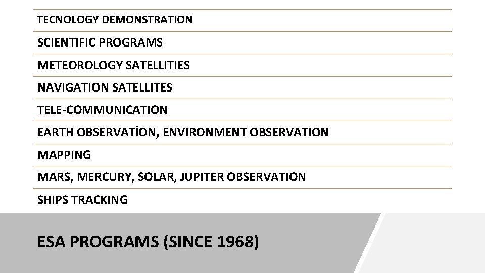 TECNOLOGY DEMONSTRATION SCIENTIFIC PROGRAMS METEOROLOGY SATELLITIES NAVIGATION SATELLITES TELE-COMMUNICATION EARTH OBSERVATİON, ENVIRONMENT OBSERVATION MAPPING
