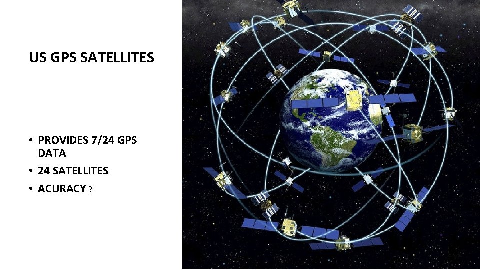 US GPS SATELLITES • PROVIDES 7/24 GPS DATA • 24 SATELLITES • ACURACY ?