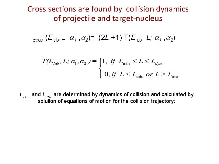 Cross sections are found by collision dynamics of projectile and target-nucleus cap (Elab, L;