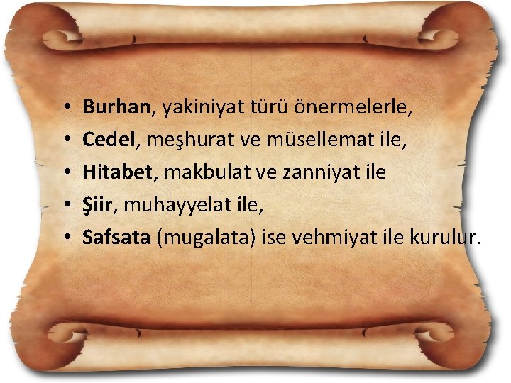  • • • Burhan, yakiniyat türü önermelerle, Cedel, meşhurat ve müsellemat ile, Hitabet,