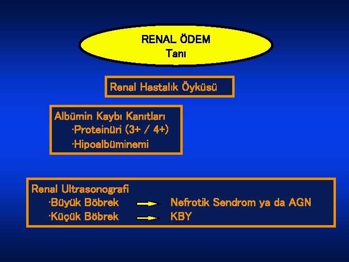 RENAL ÖDEM Tanı Renal Hastalık Öyküsü Albümin Kaybı Kanıtları • Proteinüri (3+ / 4+)