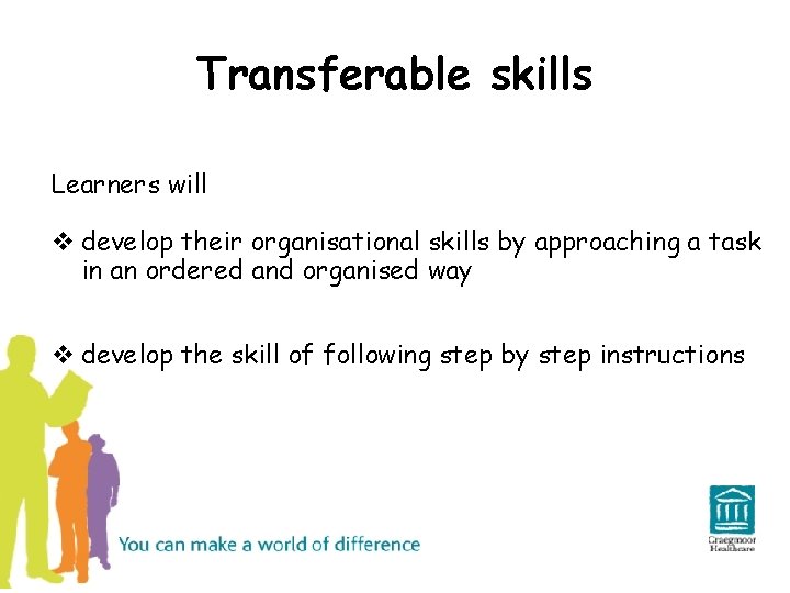 Transferable skills Learners will v develop their organisational skills by approaching a task in