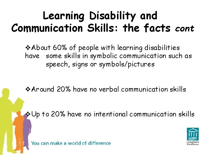 Learning Disability and Communication Skills: the facts cont v. About 60% of people with