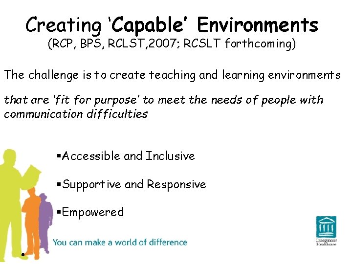 Creating ‘Capable’ Environments (RCP, BPS, RCLST, 2007; RCSLT forthcoming) The challenge is to create