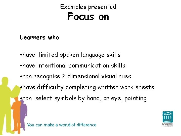 Examples presented Focus on Learners who • have limited spoken language skills • have