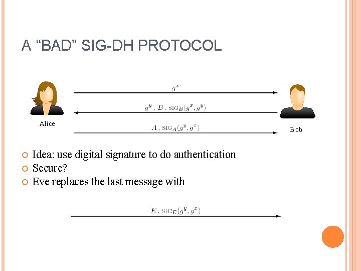 A “BAD” SIG-DH PROTOCOL Alice Idea: use digital signature to do authentication Secure? Eve