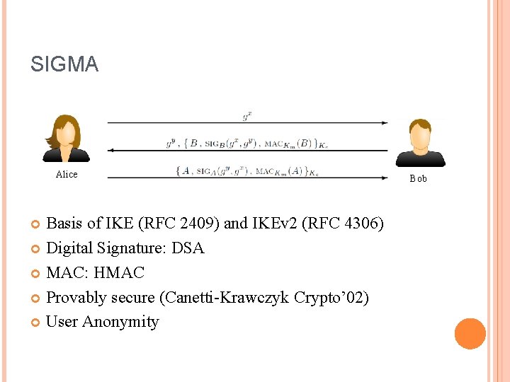 SIGMA Alice Basis of IKE (RFC 2409) and IKEv 2 (RFC 4306) Digital Signature: