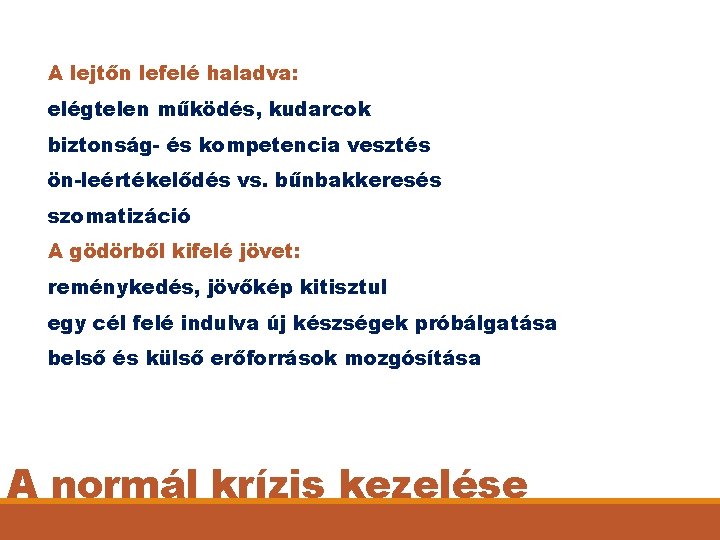 A lejtőn lefelé haladva: elégtelen működés, kudarcok biztonság- és kompetencia vesztés ön-leértékelődés vs. bűnbakkeresés
