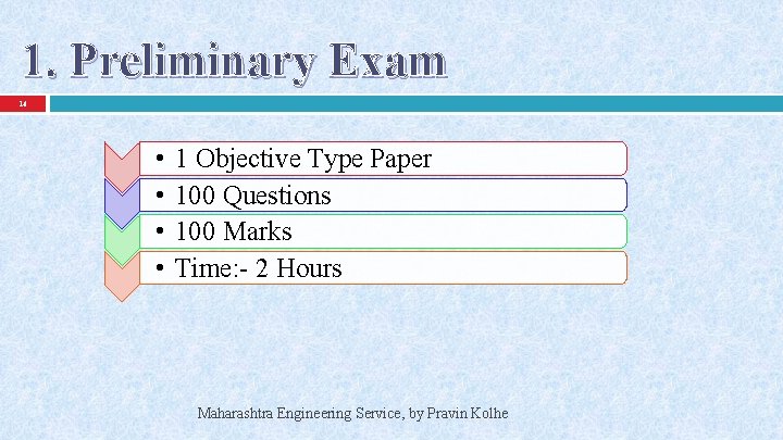 1. Preliminary Exam 14 • • 1 Objective Type Paper 100 Questions 100 Marks
