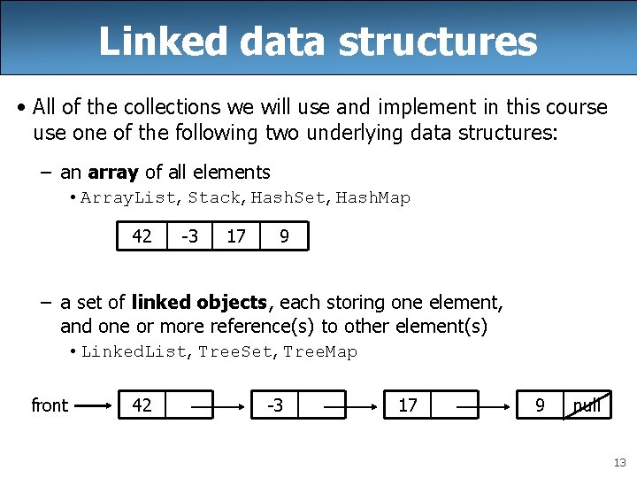 Linked data structures • All of the collections we will use and implement in Linked data structures • All of the collections we will use and implement in