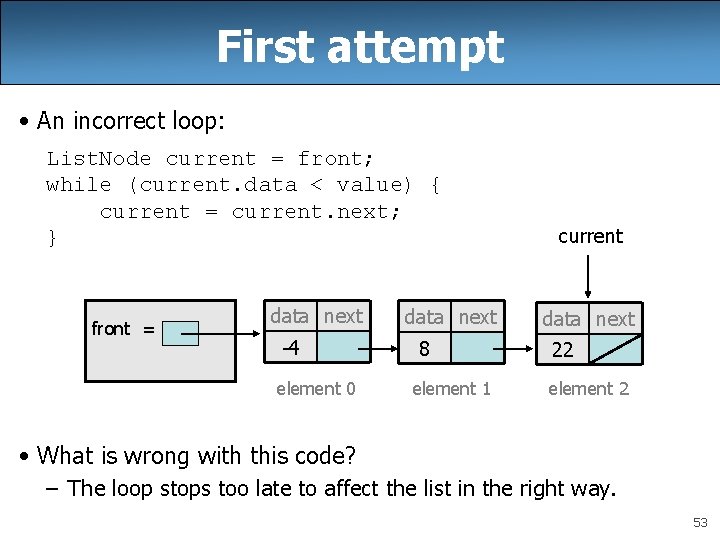 First attempt • An incorrect loop: List. Node current = front; while (current. data First attempt • An incorrect loop: List. Node current = front; while (current. data