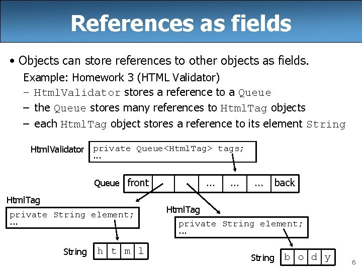 References as fields • Objects can store references to other objects as fields. Example: References as fields • Objects can store references to other objects as fields. Example: