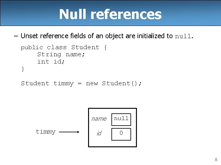 Null references – Unset reference fields of an object are initialized to null. public Null references – Unset reference fields of an object are initialized to null. public