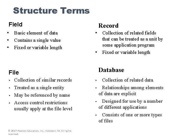 Structure Terms Field • • • Basic element of data Contains a single value