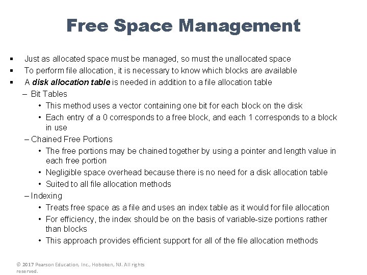 Free Space Management § § § Just as allocated space must be managed, so