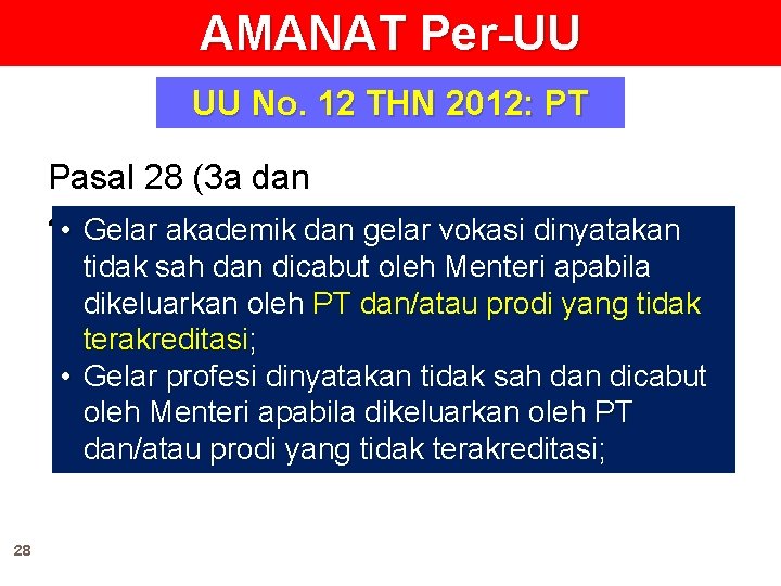AMANAT Per-UU UU No. 12 THN 2012: PT Pasal 28 (3 a dan 4