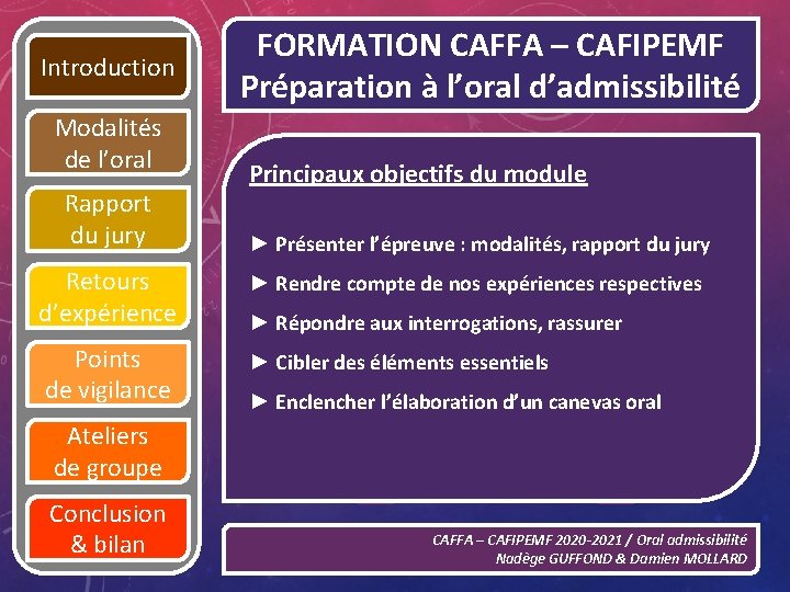 Introduction Modalités de l’oral Rapport du jury FORMATION CAFFA – CAFIPEMF Préparation à l’oral