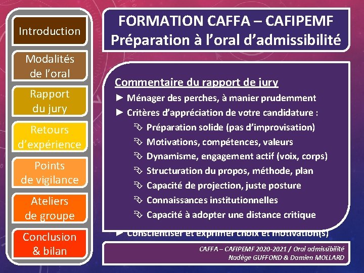 Introduction Modalités de l’oral Rapport du jury Retours d’expérience Points de vigilance Ateliers de