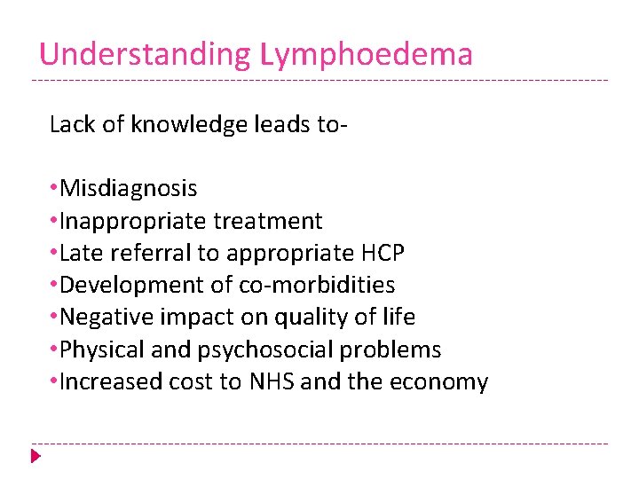 Understanding Lymphoedema Lack of knowledge leads to- • Misdiagnosis • Inappropriate treatment • Late