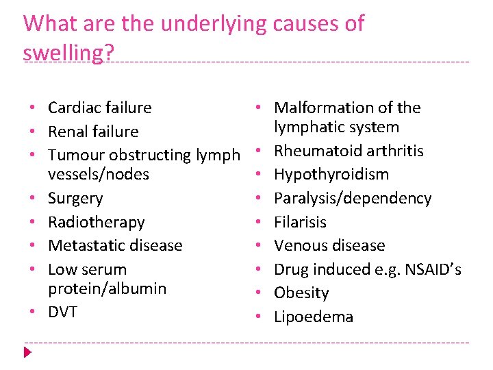 What are the underlying causes of swelling? • Cardiac failure • Renal failure •