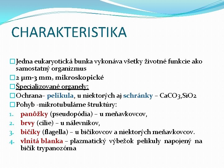 CHARAKTERISTIKA �Jedna eukaryotická bunka vykonáva všetky životné funkcie ako samostatný organizmus � 2 µm-3