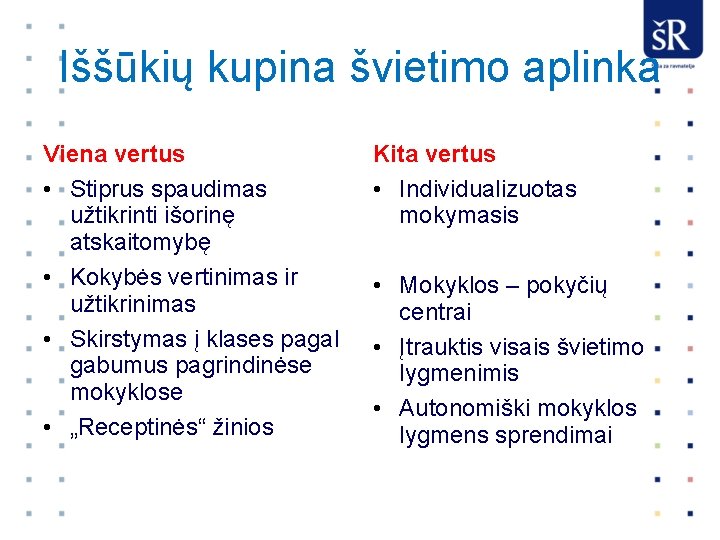 Iššūkių kupina švietimo aplinka Viena vertus • Stiprus spaudimas užtikrinti išorinę atskaitomybę • Kokybės