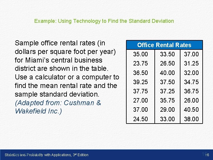Example: Using Technology to Find the Standard Deviation Sample office rental rates (in dollars Example: Using Technology to Find the Standard Deviation Sample office rental rates (in dollars