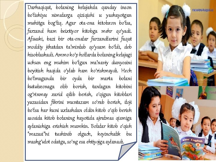 Darhaqiqat, bolaning kelajakda qanday inson bo‘lishiyu nimalarga qiziqishi u yashayotgan muhitga bog‘liq. Agar ota-ona Darhaqiqat, bolaning kelajakda qanday inson bo‘lishiyu nimalarga qiziqishi u yashayotgan muhitga bog‘liq. Agar ota-ona