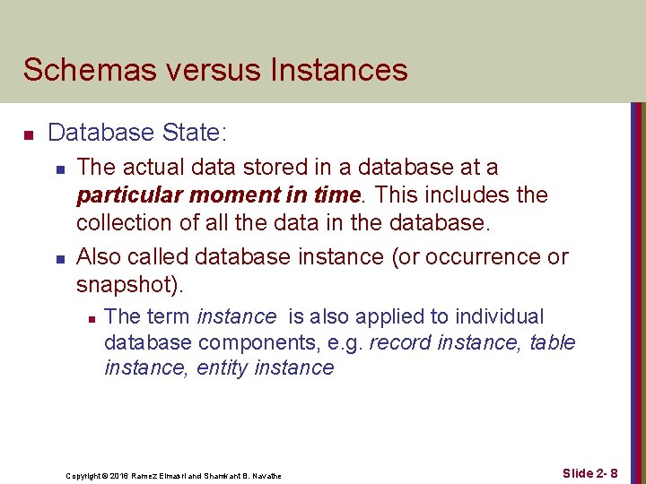 Schemas versus Instances n Database State: n n The actual data stored in a