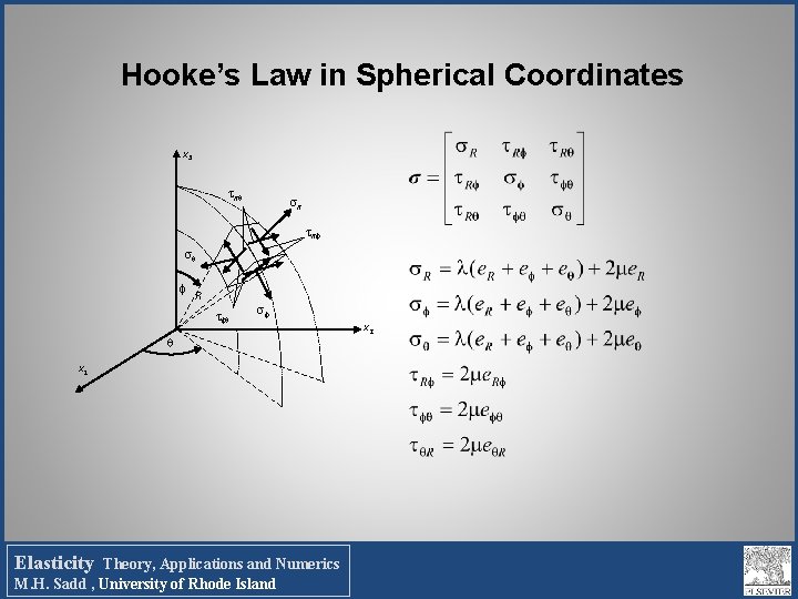 Hooke’s Law in Spherical Coordinates x 3 R R R x 1 Elasticity Theory,