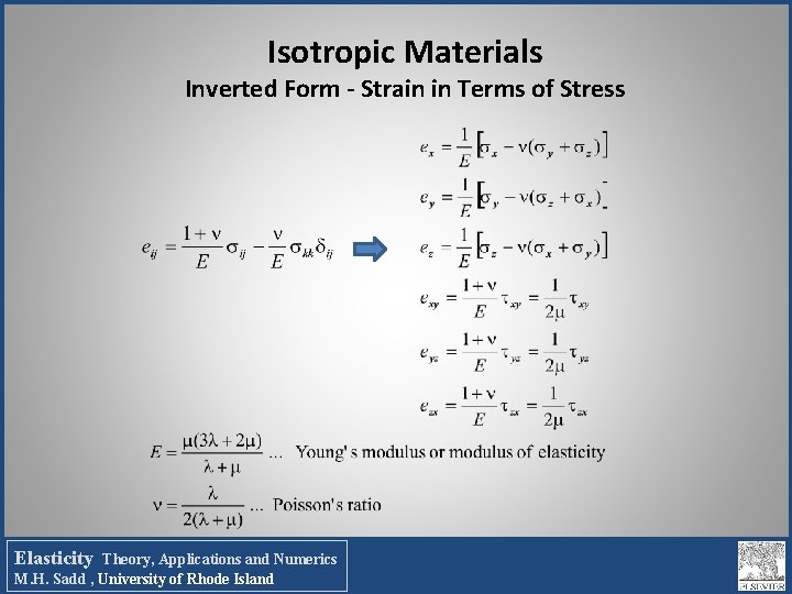 Isotropic Materials Inverted Form - Strain in Terms of Stress Elasticity Theory, Applications and