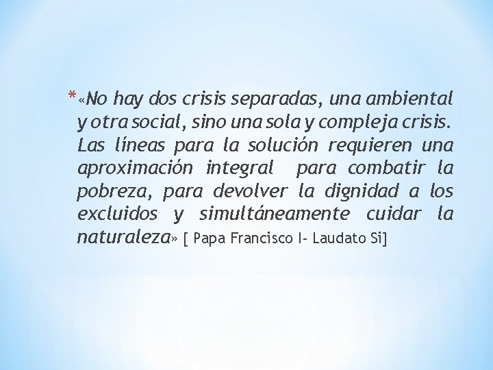 * «No hay dos crisis separadas, una ambiental y otra social, sino una sola