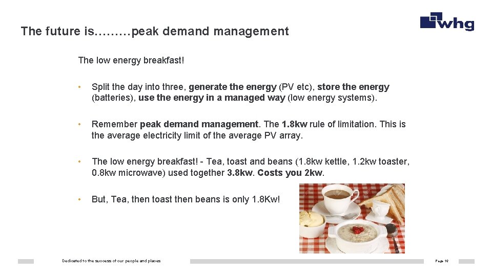 The future is………peak demand management The low energy breakfast! • Split the day into