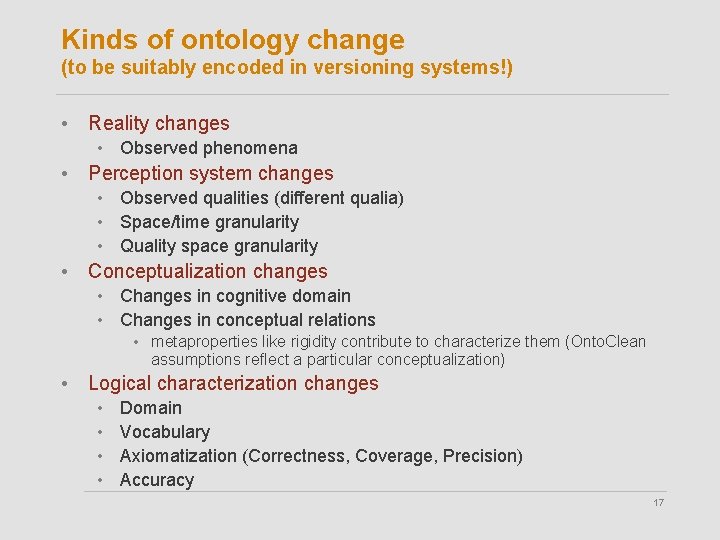 Kinds of ontology change (to be suitably encoded in versioning systems!) • Reality changes