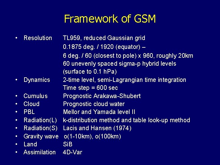 Framework of GSM • Resolution TL 959, reduced Gaussian grid 0. 1875 deg. /