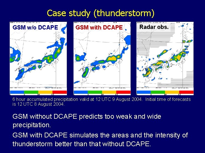 Case study (thunderstorm) GSM w/o DCAPE GSM with DCAPE Radar obs. 6 hour accumulated