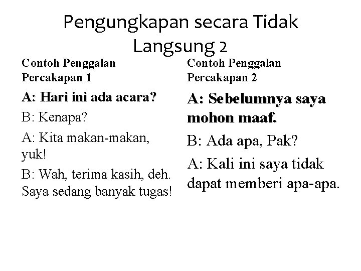 Pengungkapan secara Tidak Langsung 2 Contoh Penggalan Percakapan 1 Contoh Penggalan Percakapan 2 A: