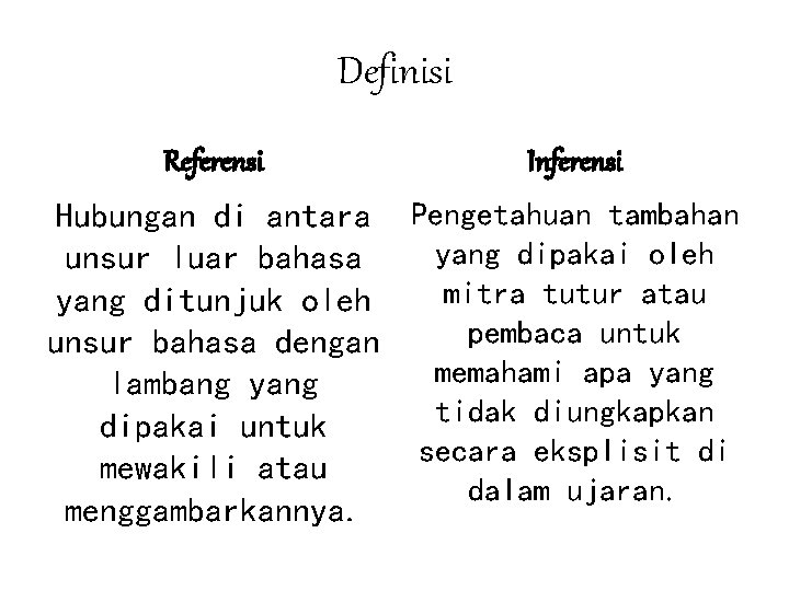 Definisi Referensi Inferensi Hubungan di antara Pengetahuan tambahan yang dipakai oleh unsur luar bahasa