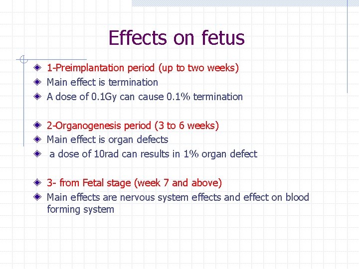 Effects on fetus 1 -Preimplantation period (up to two weeks) Main effect is termination