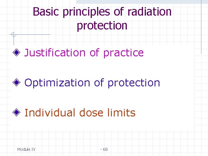 Basic principles of radiation protection Justification of practice Optimization of protection Individual dose limits