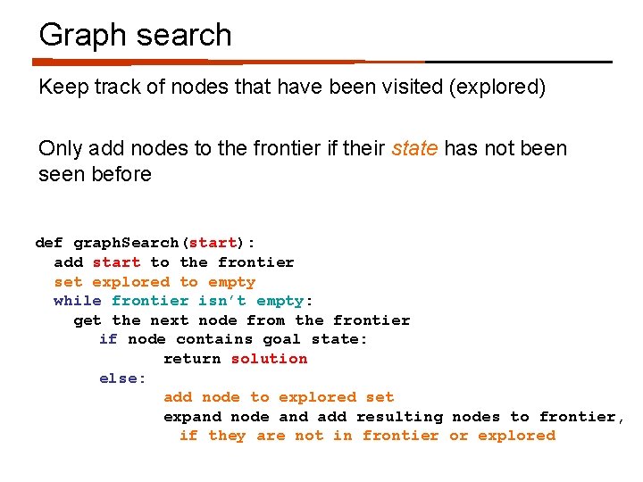 Graph search Keep track of nodes that have been visited (explored) Only add nodes