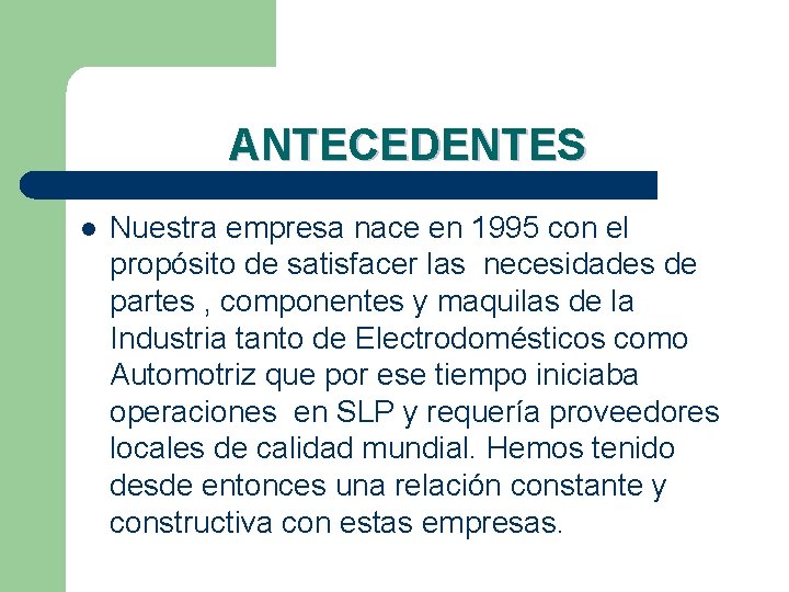 ANTECEDENTES l Nuestra empresa nace en 1995 con el propósito de satisfacer las necesidades