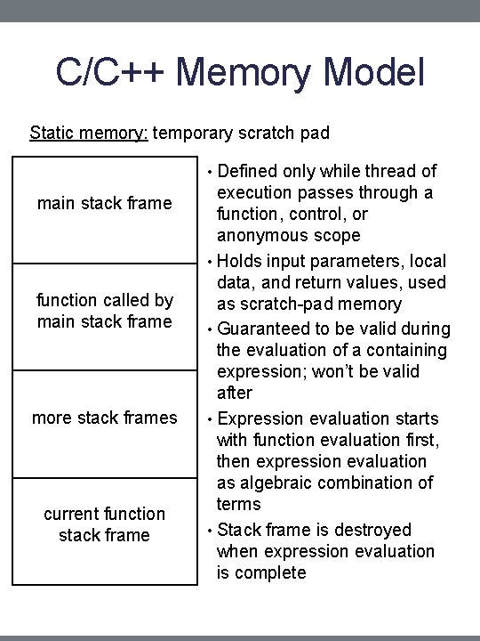 C/C++ Memory Model Static memory: temporary scratch pad • Defined only while thread of