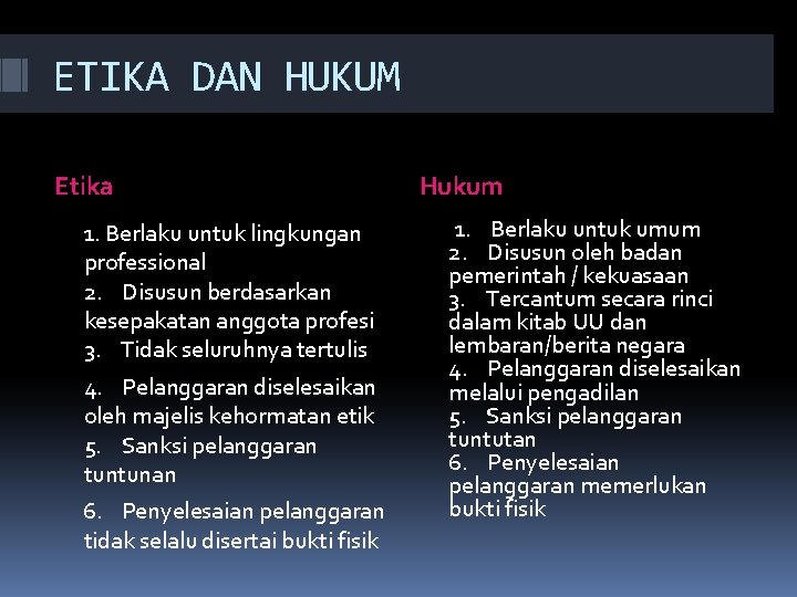 ETIKA DAN HUKUM Etika 1. Berlaku untuk lingkungan professional 2. Disusun berdasarkan kesepakatan anggota