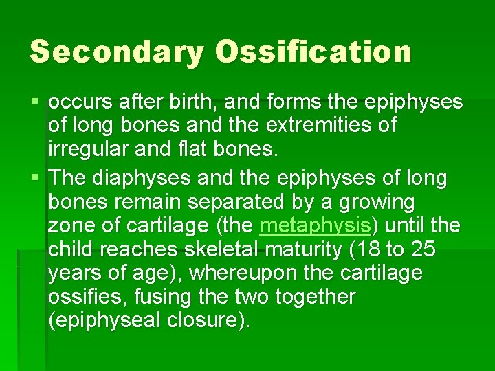 Secondary Ossification § occurs after birth, and forms the epiphyses of long bones and