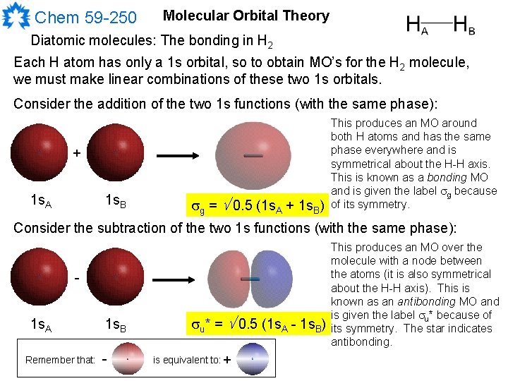 Chem 59 -250 Molecular Orbital Theory Diatomic molecules: The bonding in H 2 Each